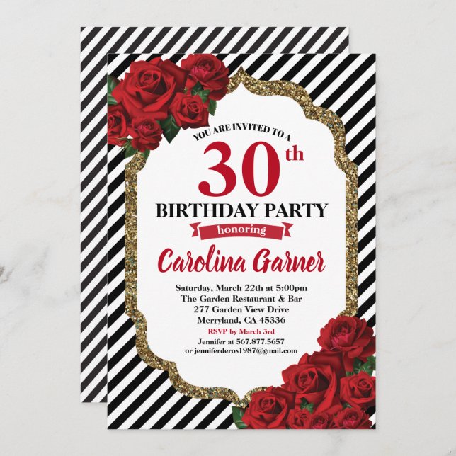 Red rose 30th birthday invitation for gold (Front/Back)