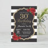 Red Rose 30th Birthday Invitation Gold Glitter (Standing Front)