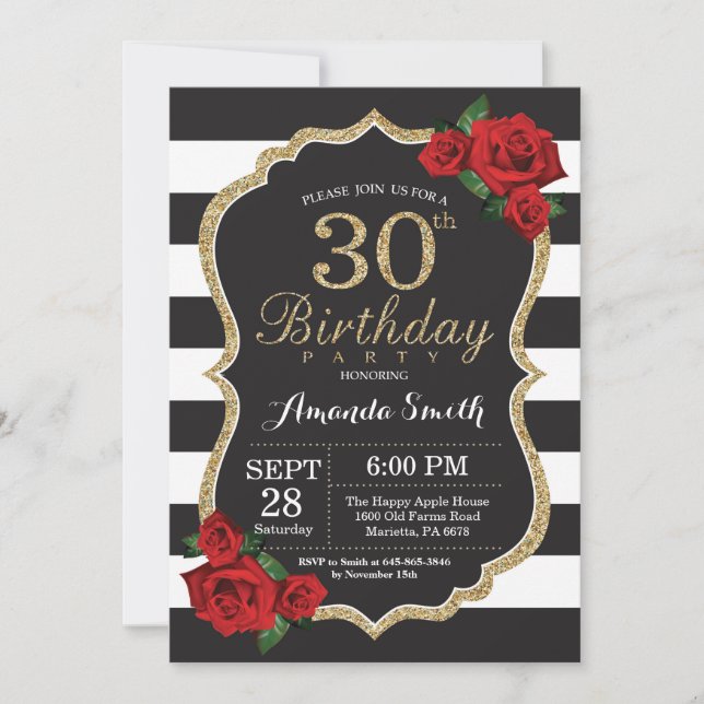 Red Rose 30th Birthday Invitation Gold Glitter (Front)