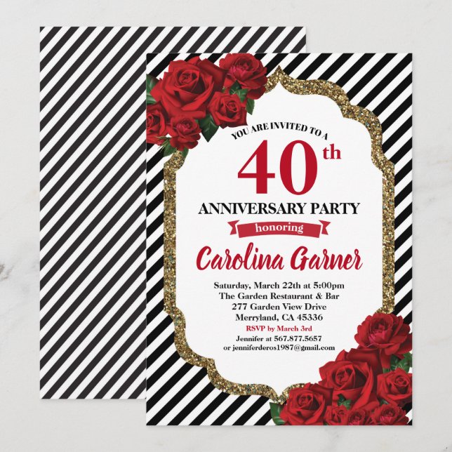 Red rose 40th anniversary party invitation wedding (Front/Back)