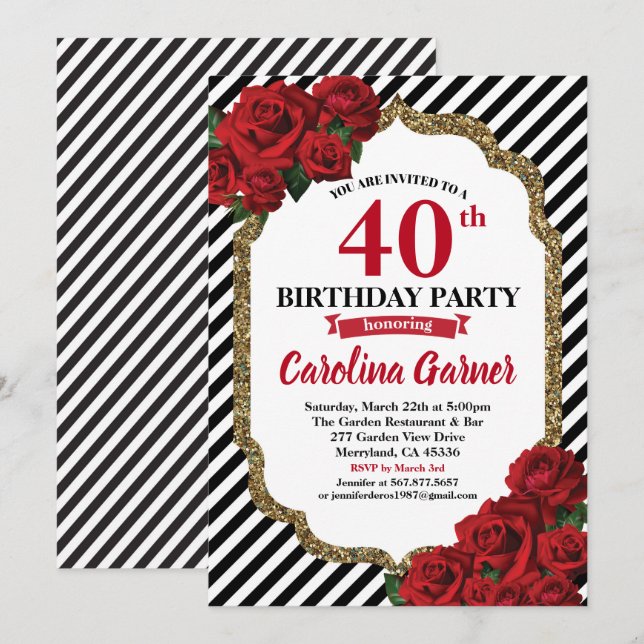 Red rose 40th birthday invitation for women (Front/Back)
