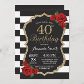 Red Rose 40th Birthday Invitation Gold Glitter (Front/Back)