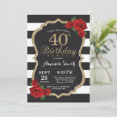 Red Rose 40th Birthday Invitation Gold Glitter (Standing Front)