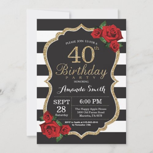 Red Rose 40th Birthday Invitation Gold Glitter
