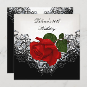 RED Rose 40th Birthday Lace Black White Silver Invitation