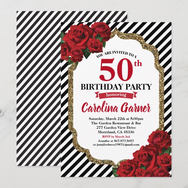Red rose 50th birthday invitation for women (Front/Back)