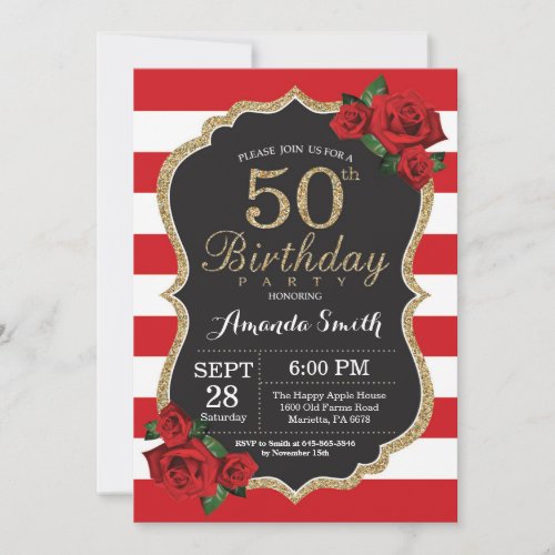 Red Rose 50th Birthday Invitation Gold Glitter