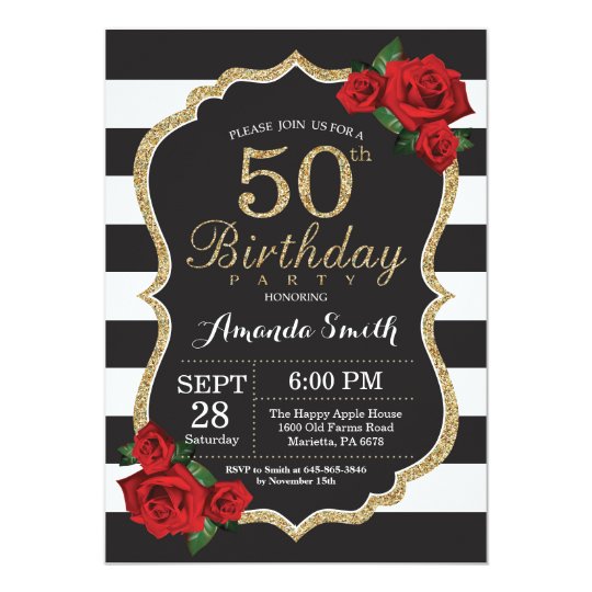 Red Rose 50th Birthday Invitation Gold Glitter | Zazzle.com