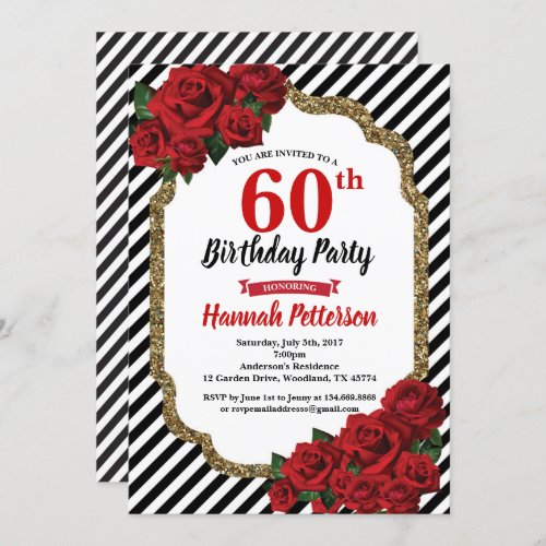 Red rose 60th birthday party invitation woman