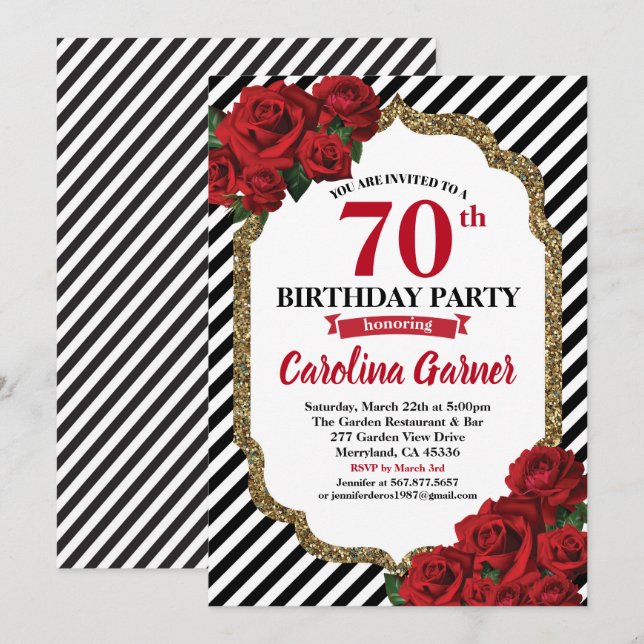Red rose 70th birthday invitation for women (Front/Back)