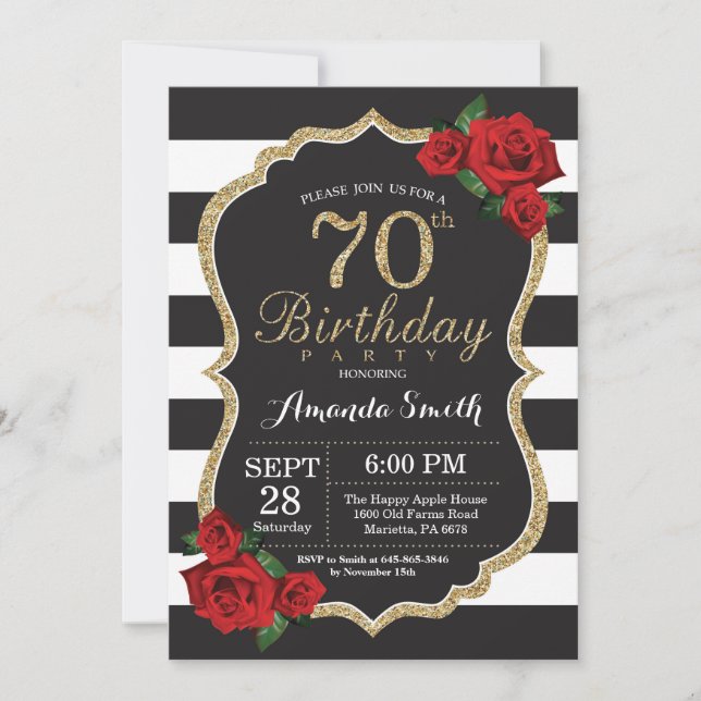 Red Rose 70th Birthday Invitation Gold Glitter (Front)