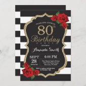 Red Rose 80th Birthday Invitation Gold Glitter (Front/Back)
