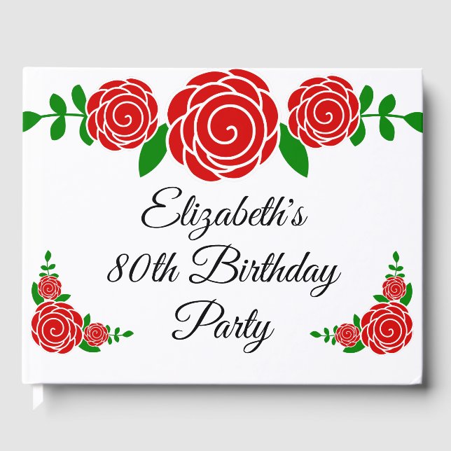 Red Rose 80th Birthday Party Guest Book (Front)