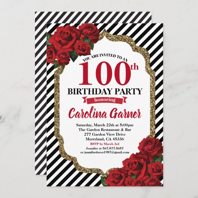 Red rose 90th birthday invitation for gold (Front/Back)