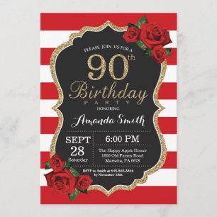 Red Rose 90th Birthday Invitation Gold Glitter