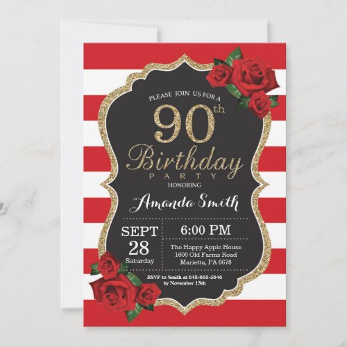 Red Rose 90th Birthday Invitation Gold Glitter