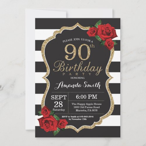 Red Rose 90th Birthday Invitation Gold Glitter