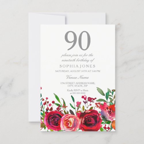 Red Rose 90th Birthday Party Invitation