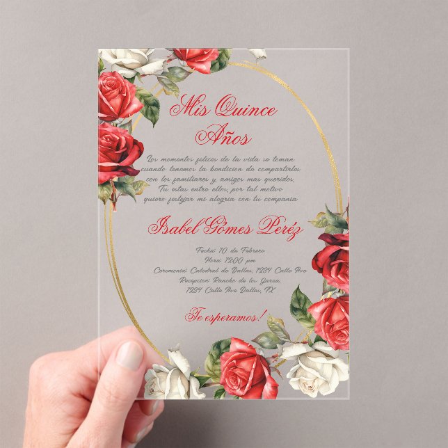 Red Rose acrylic Quinceanera invitation  (Insitu (Handheld))