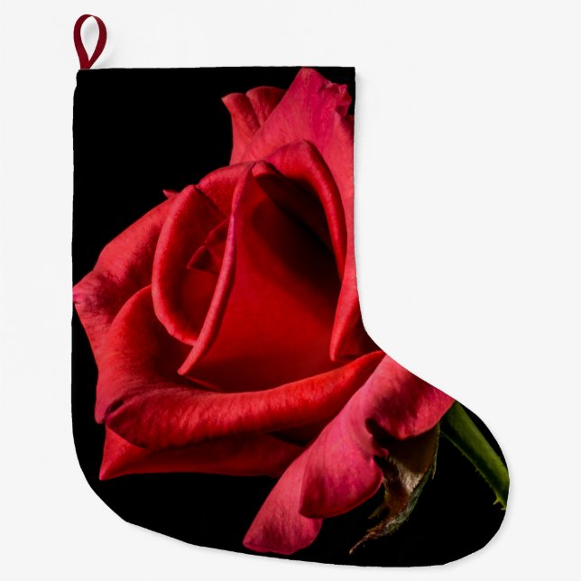 Red Rose Against Black Background Large Christmas Stocking (Front)