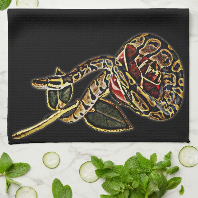 Red Rose and Ball Python Snake Kitchen Towel (Folded)