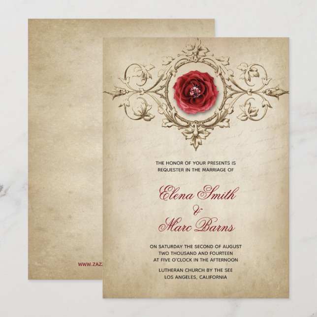 Red Rose And Beige Ornament Wedding Invitation (Front/Back)