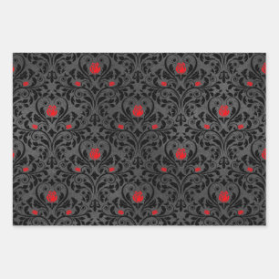 Red Rose and Black Damask Wrapping Paper Sheets
