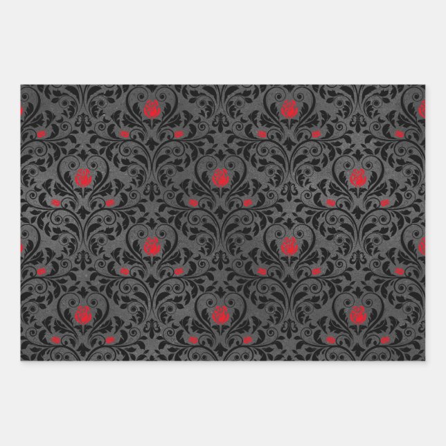 Red Rose and Black Damask Wrapping Paper Sheets (Front)