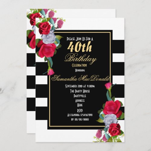 Red rose and black stripe 40th birthday invitation