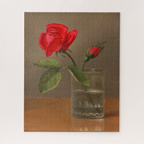 Red Rose and Bud in a Tumbler on a Shiny Table Jigsaw Puzzle