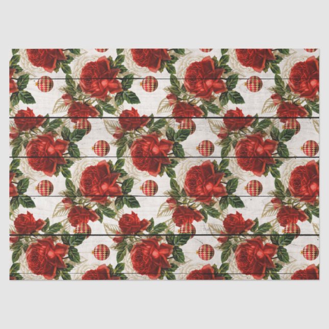 Red Rose and Christmas Ornaments on Wood Decoupage Tissue Paper (Front)