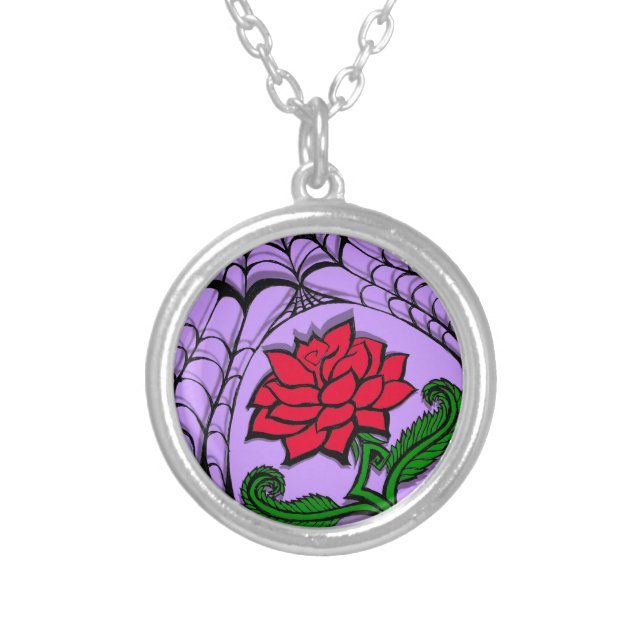 Red Rose And Cobweb Silver Plated Necklace (Front)