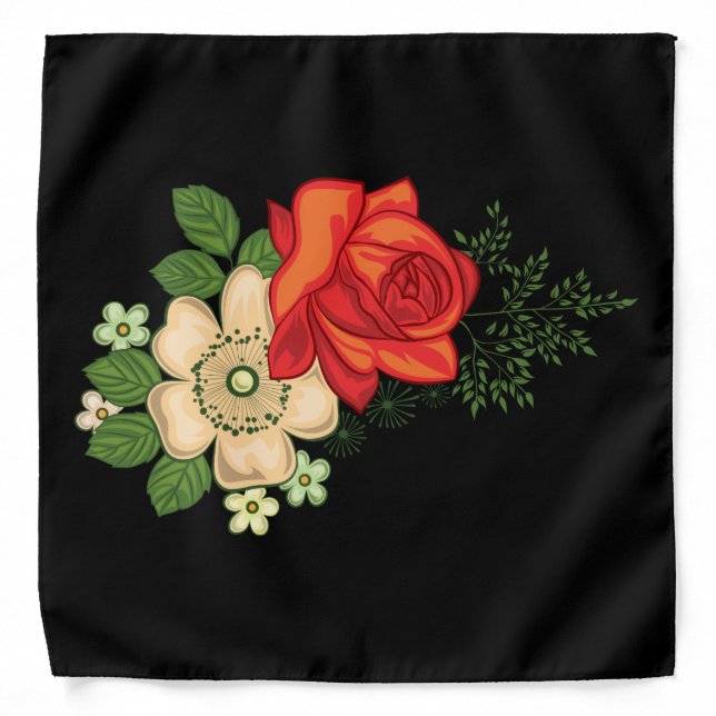 Red Rose and Daisies Black Background Bandana (Front)