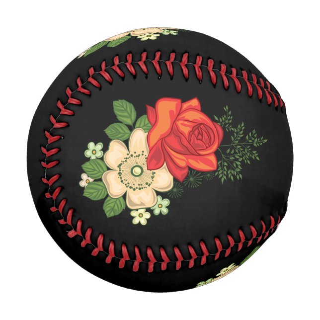 Red Rose and Daisies Black Background Baseball (Front Left)