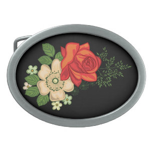 Red Rose and Daisies Black Background Belt Buckle