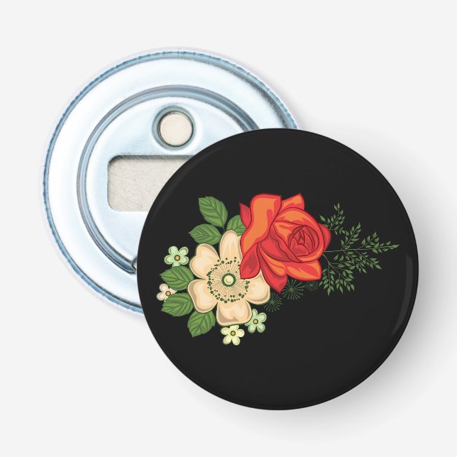 Red Rose and Daisies Black Background Bottle Opener (Front)