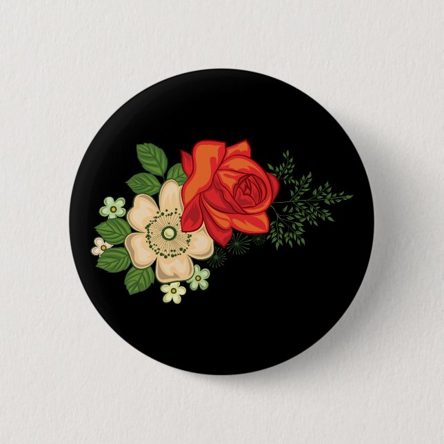 Red Rose and Daisies Black Background Button (Front)