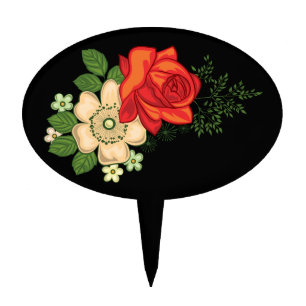 Red Rose and Daisies Black Background Cake Topper