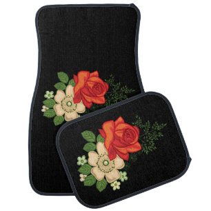 Red Rose and Daisies Black Background Car Floor Mat