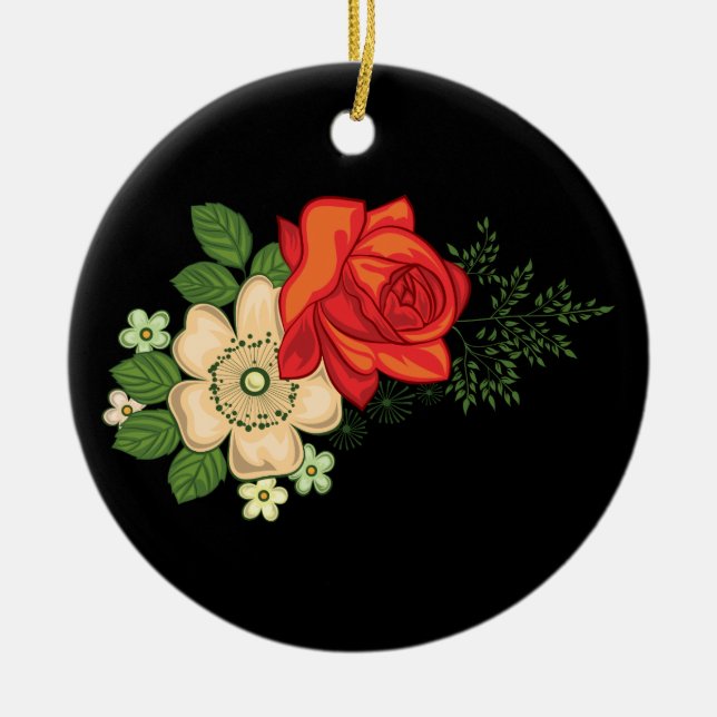Red Rose and Daisies Black Background Ceramic Ornament (Front)
