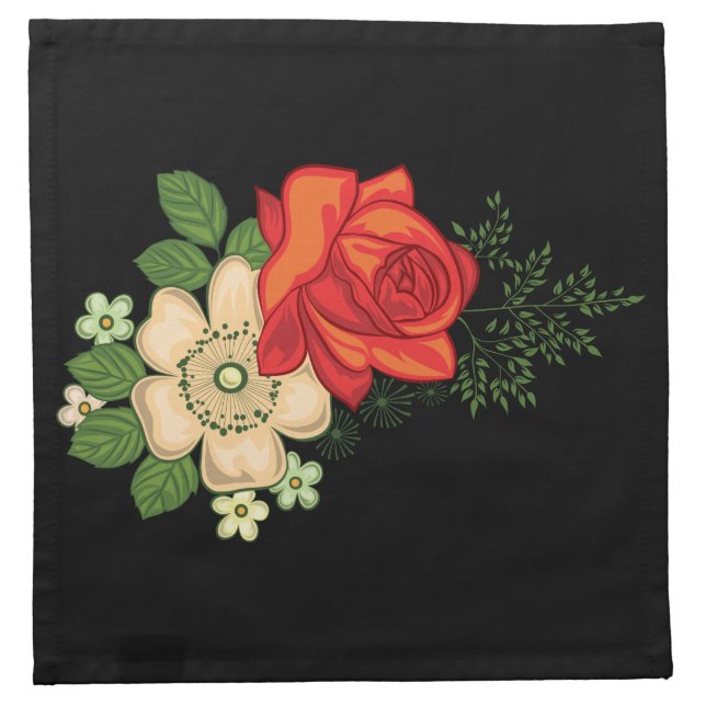 Red Rose and Daisies Black Background Cloth Napkin (Front)