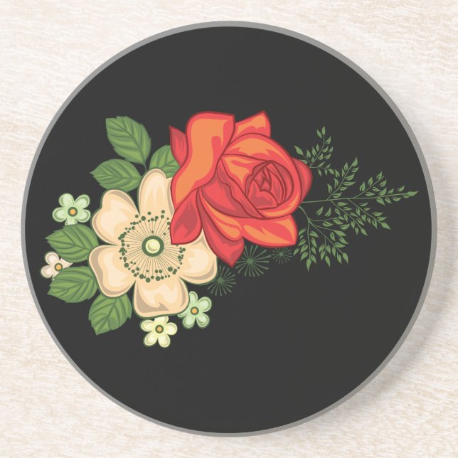 Red Rose and Daisies Black Background Drink Coaster (Front)