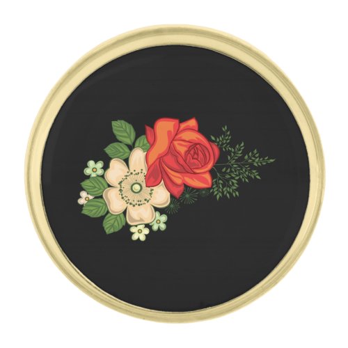 Red Rose and Daisies Black Background Gold Finish Lapel Pin