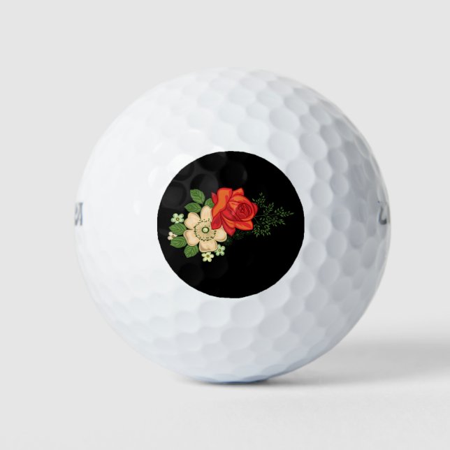 Red Rose and Daisies Black Background Golf Balls (Front)