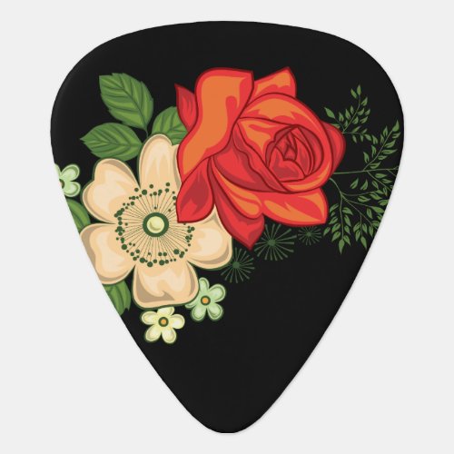 Red Rose and Daisies Black Background Guitar Pick