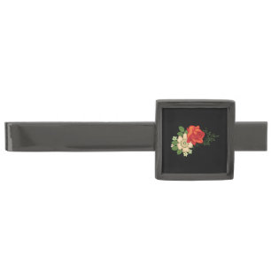 Red Rose and Daisies Black Background Gunmetal Finish Tie Clip