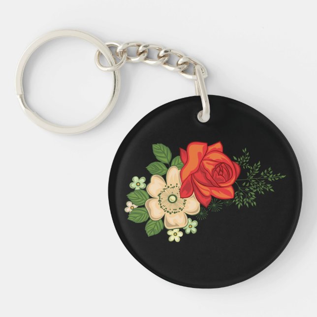 Red Rose and Daisies Black Background Keychain (Front)