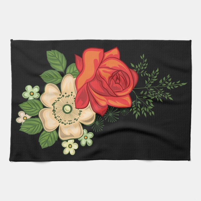 Red Rose and Daisies Black Background Kitchen Towel (Horizontal)