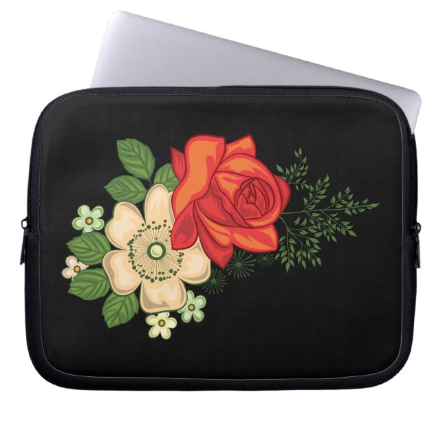 Red Rose and Daisies Black Background Laptop Sleeve (Front)