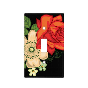 Red Rose and Daisies Black Background Light Switch Cover